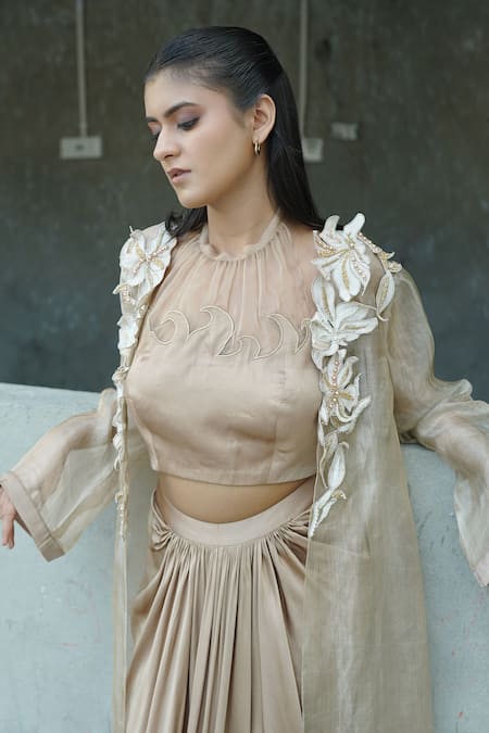 Vedangi Agarwal_Gold Organza Embroidery, Beads, Zari Round Champagne Charm Jacket And Skirt Set _Online_at_Aza_Fashions