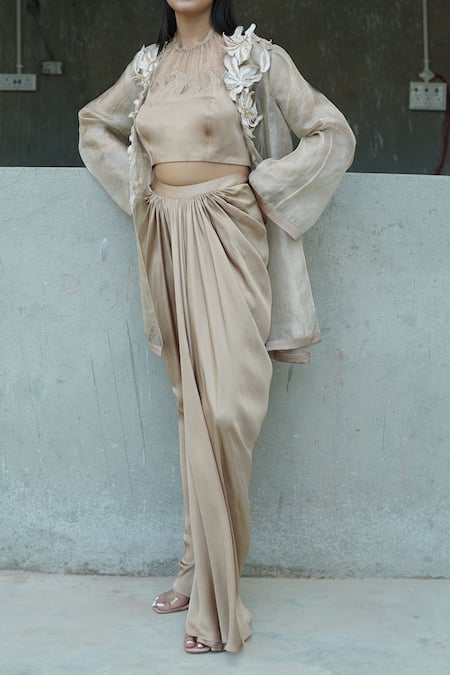 Buy_Vedangi Agarwal_Gold Organza Embroidery, Beads, Zari Round Champagne Charm Jacket And Skirt Set _Online_at_Aza_Fashions