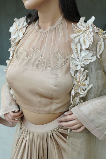 Shop_Vedangi Agarwal_Gold Organza Embroidery, Beads, Zari Round Champagne Charm Jacket And Skirt Set _Online_at_Aza_Fashions