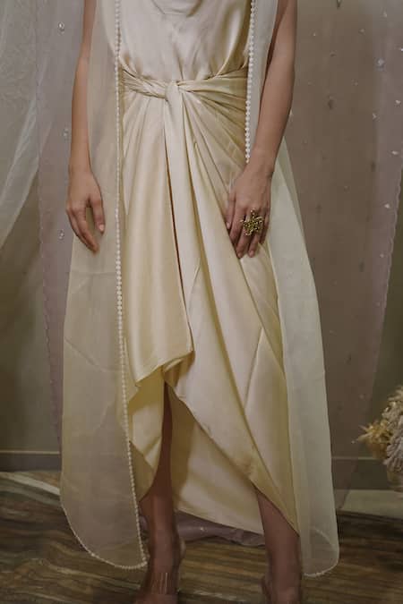Buy_Vedangi Agarwal_Cream Satin, Organza Pearls Cowl , Open Top Skirt Set _Online_at_Aza_Fashions