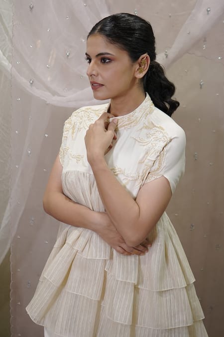 Vedangi Agarwal_Beige Satin Beads, Embroidery High Neck Tiered Peplum Top And Pant Set _Online_at_Aza_Fashions