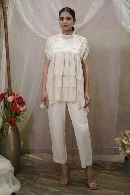 Vedangi Agarwal Embroidered Tiered Peplum Top & Pant Set 