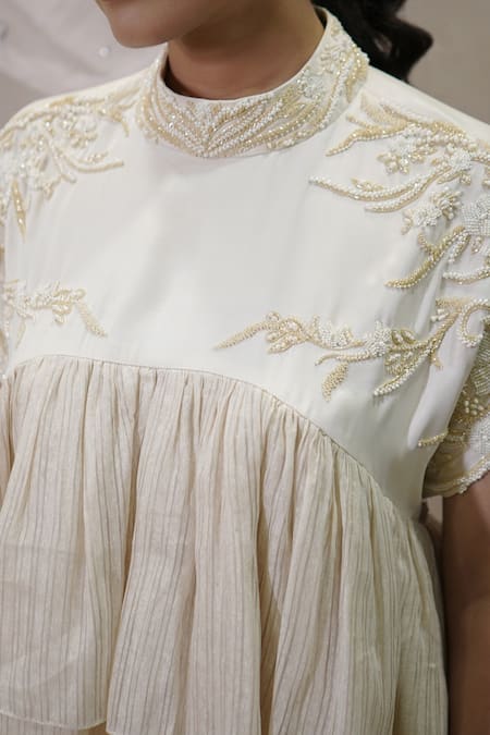 Shop_Vedangi Agarwal_Beige Satin Beads, Embroidery High Neck Tiered Peplum Top And Pant Set _Online_at_Aza_Fashions