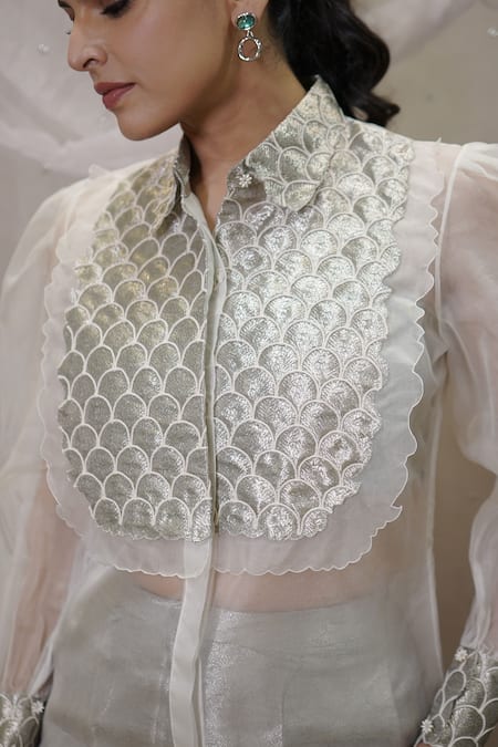 Vedangi Agarwal_Ivory Organza, Brocade Embroidery Collared Scallop Shirt With Pant _Online_at_Aza_Fashions