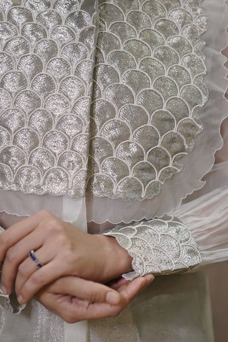 Buy_Vedangi Agarwal_Ivory Organza, Brocade Embroidery Collared Scallop Shirt With Pant _Online_at_Aza_Fashions