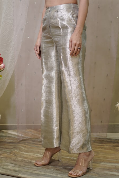 Shop_Vedangi Agarwal_Ivory Organza, Brocade Embroidery Collared Scallop Shirt With Pant _Online_at_Aza_Fashions