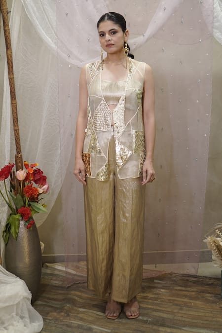 Vedangi Agarwal_Gold Brocade, Organza, Tissue Sequins, Geometric Patchwork Jacket And Pant Set _Online_at_Aza_Fashions