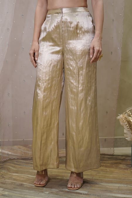 Buy_Vedangi Agarwal_Gold Brocade, Organza, Tissue Sequins, Geometric Patchwork Jacket And Pant Set _Online_at_Aza_Fashions