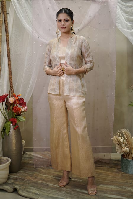 Shop Vedangi Agarwal Gold Brocade, Tissue Beads Sweetheart , Open Jacket And Pant Set Online at Aza Fashions Shop_Vedangi Agarwal_Gold Brocade, Tissue Beads Sweetheart , Open Jacket And Pant Set _Online_at_Aza_Fashions