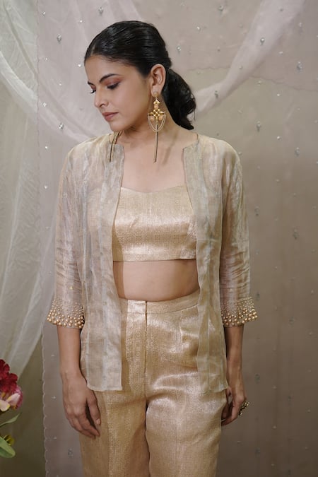 Vedangi Agarwal Gold Brocade, Tissue Beads Sweetheart , Open Jacket And Pant Set at Aza Fashions Vedangi Agarwal_Gold Brocade, Tissue Beads Sweetheart , Open Jacket And Pant Set _at_Aza_Fashions