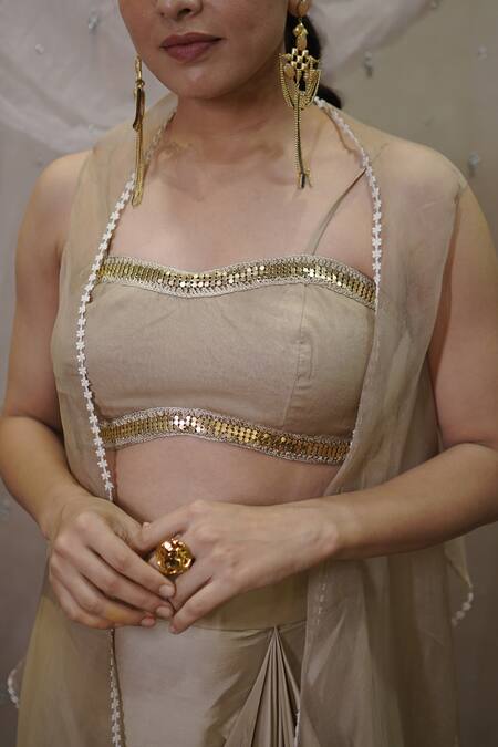 Buy_Vedangi Agarwal_Olive Green Satin Sequins, Zari Open Neck, Sheer Cape And Draped Skirt Set _Online_at_Aza_Fashions