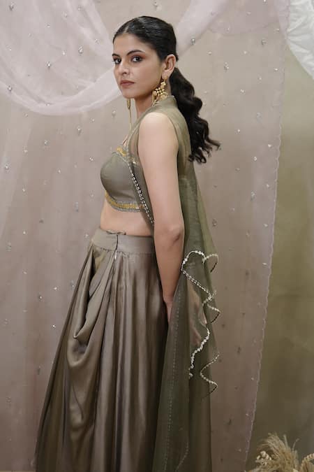 Buy_Vedangi Agarwal_Beige Satin Sequins Open , Sweetheart Organza Cape And Draped Skirt Set _Online_at_Aza_Fashions