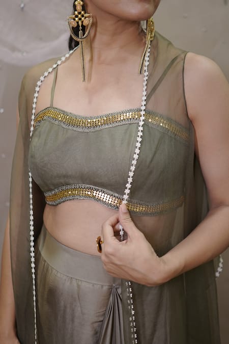 Shop_Vedangi Agarwal_Beige Satin Sequins Open , Sweetheart Organza Cape And Draped Skirt Set _Online_at_Aza_Fashions