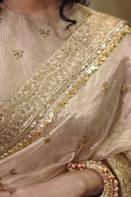 Vedangi Agarwal_Gold Tissue, Brocade Sequins, Embroidery, Zari Round Neck And Saree With Blouse _Online_at_Aza_Fashions