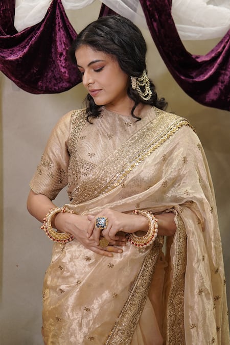 Buy_Vedangi Agarwal_Gold Tissue, Brocade Sequins, Embroidery, Zari Round Neck And Saree With Blouse _Online_at_Aza_Fashions