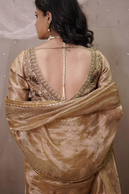 Shop_Vedangi Agarwal_Gold Tissue, Brocade Embroidery, Zari V-neck Saree With Blouse _Online_at_Aza_Fashions