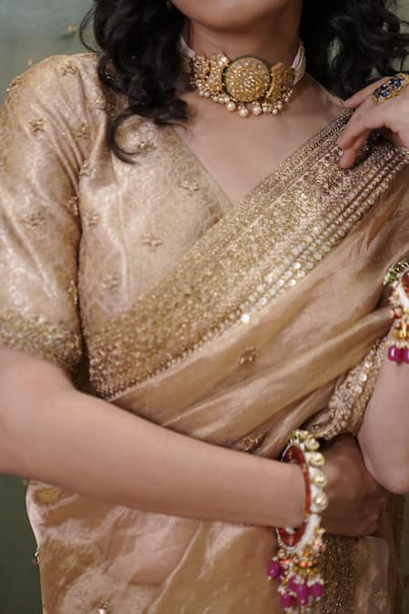 Buy_Vedangi Agarwal_Gold Tissue, Brocade Zari, Sequins, Embroidery V-neck And Saree With Blouse _Online_at_Aza_Fashions