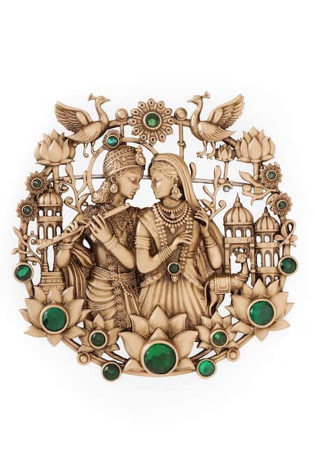 Cosa Nostraa_Gold Gemstones Divine Love Krishna Radha Brooch _at_Aza_Fashions