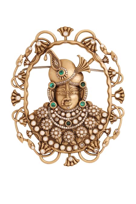 Shop_Cosa Nostraa_Gold Crystals, Stones, Pearls Regal Shrinathji Brooch _Online_at_Aza_Fashions