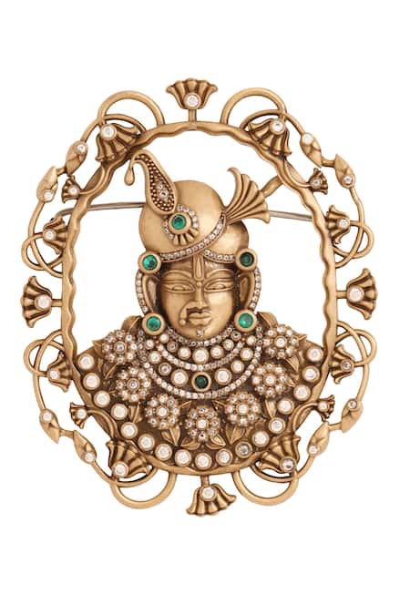 Cosa Nostraa_Gold Crystals, Stones, Pearls Regal Shrinathji Brooch _at_Aza_Fashions