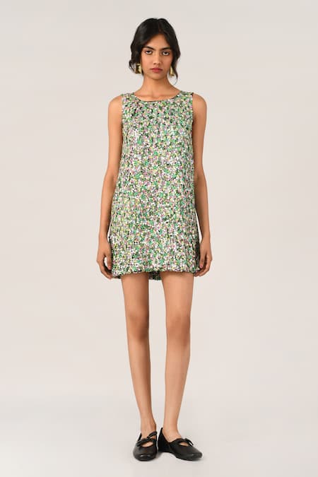 Payal Pratap_Green Chiffon, Polyester Sequins Round Neck Barbara Short Dress _Online_at_Aza_Fashions