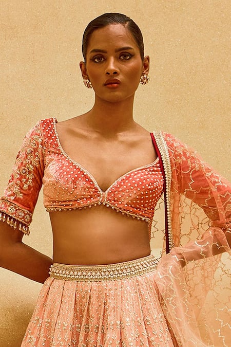 Shop_Cedar & Pine_Pink Organza, Velvet, Tulle Embroidery, Zari, Zuleikha Ombre Lehenga Set _Online_at_Aza_Fashions