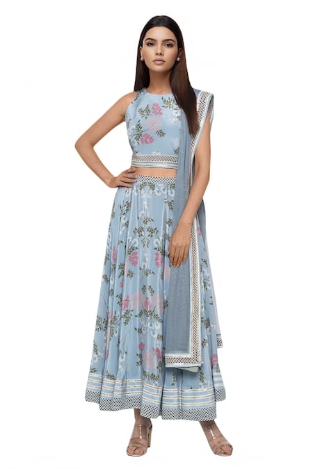 Soup By Sougat Paul Blue Net, Crepe Floral Round Printed Lehenga Set 