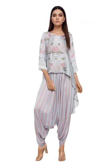 Buy Soup By Sougat Paul Blue Satin Round Printed Dhoti Pant Top Set at Aza Fashions Buy_Soup By Sougat Paul_Blue Satin Round Printed Dhoti Pant Top Set _at_Aza_Fashions