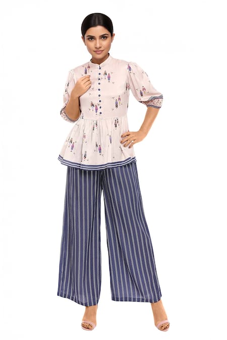 So Us By Sougatpaul Blue Satin Stand Collar Printed Pant Set 