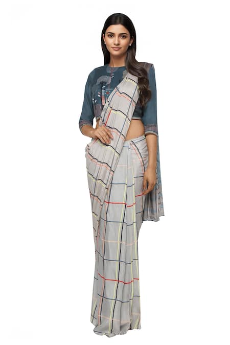 So Us By Sougatpaul Pre-Draped Checkered Saree with Blouse 