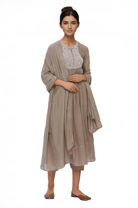 Neha Khullar Brown Silk, Kota Round Embroidered Anarkali Pant Set 