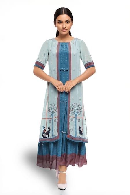 So Us By Sougatpaul Blue Crepe Round Printed Maxi Dress 