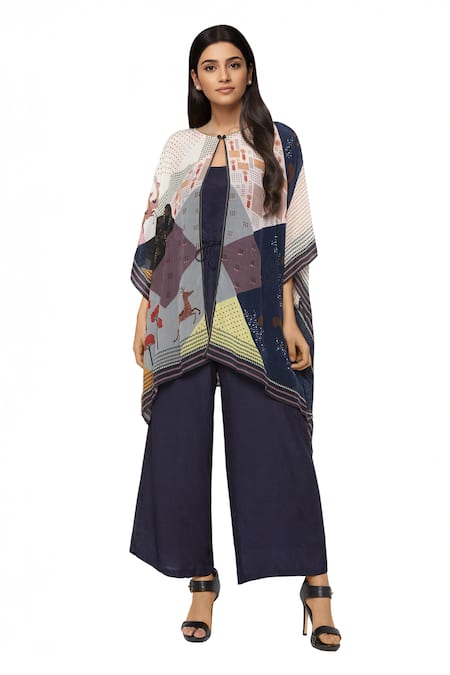So Us By Sougatpaul Blue Crepe, Cotton Silk Round Jumpsuit With Printed Cape 