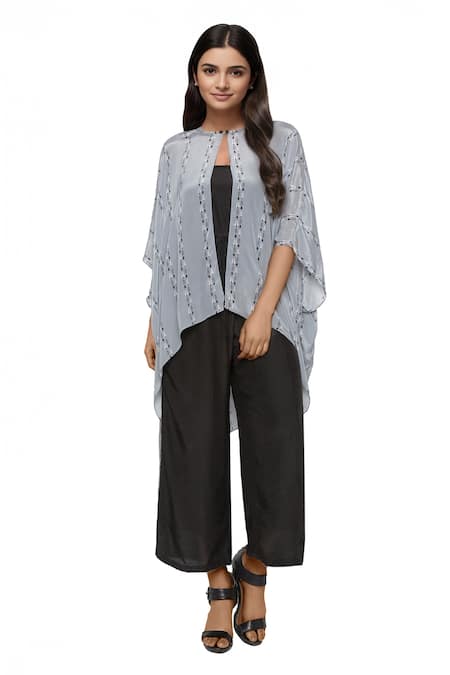 So Us By Sougatpaul Black Crepe, Cotton Silk Round Jumpsuit With Printed Cape 
