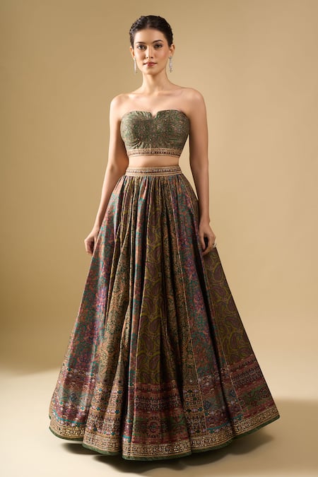 Tarun Tahiliani_Multi Color Embroidery, Pom-poms, Zari Open Neck, Gilet Printed Lehenga Set _at_Aza_Fashions