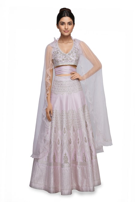 Neha Khullar Pink Organza, Chanderi Silk Halter Neckline Cape Blouse With Lehenga