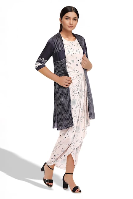 So Us By Sougatpaul White Modal Satin Round Draped Dress With Jacket 