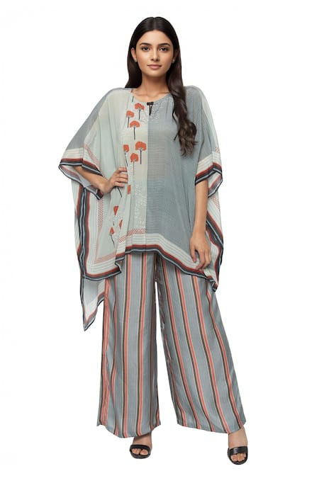So Us By Sougatpaul Blue Modal Satin Round Printed Kurta Set 