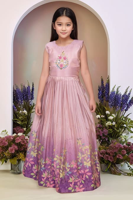 Petite Pomme_Lavender Satin, Polyester Embroidery, Mirrors Printed Gown And Jacket Set _at_Aza_Fashions