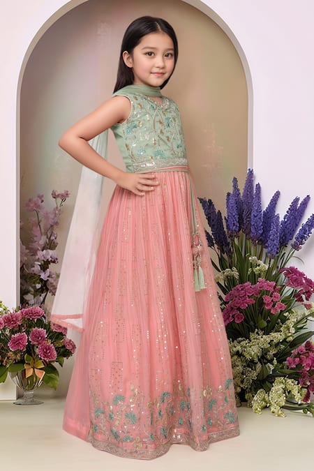 Shop Petite Pomme Green Georgette, Net Sequins, Mirrors Pista Embroidered Lehenga Set Online at Aza Fashions Shop_Petite Pomme_Green Georgette, Net Sequins, Mirrors Pista Embroidered Lehenga Set_Online_at_Aza_Fashions