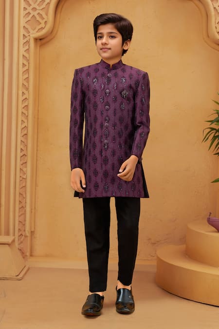Petite Pomme Wine Malai Silk Sherwani with White Pant