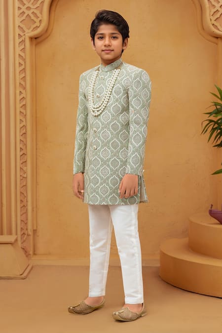 Petite Pomme Pista Green Sherwani & White Pant Set 