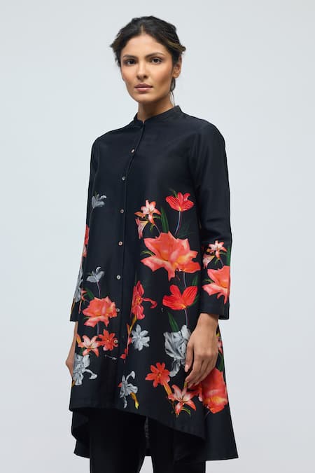 Buy_Balance By Rohit Bal_Black Chanderi, Voile Collared, Mandarin Floral Print Tunic With Pant _Online_at_Aza_Fashions