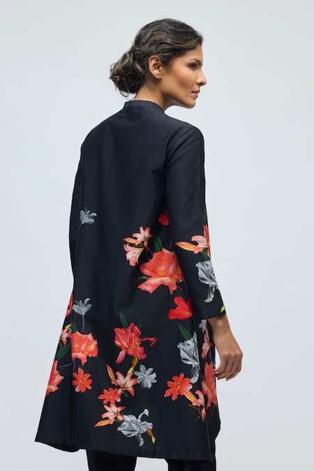 Shop_Balance By Rohit Bal_Black Chanderi, Voile Collared, Mandarin Floral Print Tunic With Pant _Online_at_Aza_Fashions