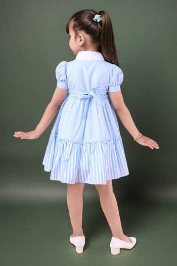Shop Petite Pomme Blue Cotton Sleeveless Stripe Printed Dress at Aza Fashions Shop_Petite Pomme_Blue Cotton Sleeveless Stripe Printed Dress_at_Aza_Fashions