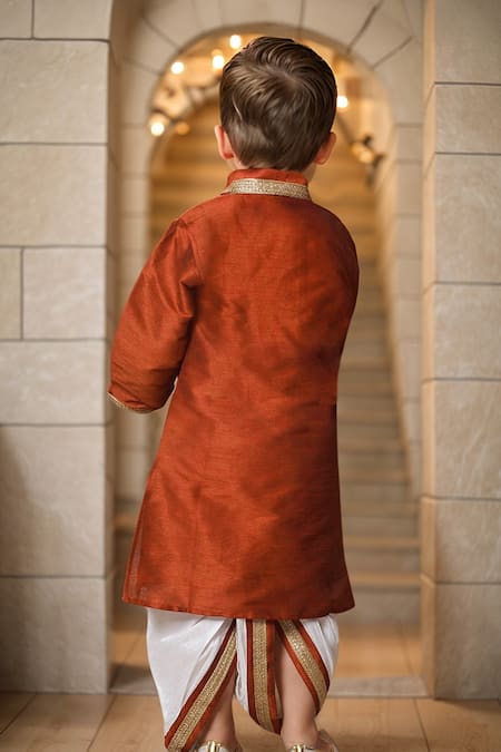 Shop_Arihant Rai Sinha_Orange Silk Embroidery Fleur Vine Kurta And Dhoti Set _at_Aza_Fashions