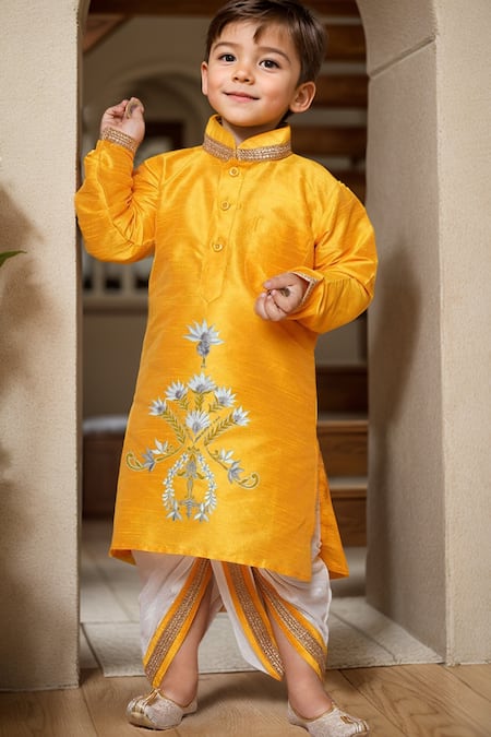 Petite Pomme Yellow Silk Embroidery Floral Crest Kurta Set 