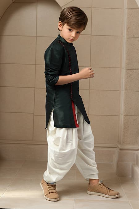 Buy Petite Pomme Green Silk, Cotton Bottle Angarkha Kurta Set Online at Aza Fashions Buy_Petite Pomme_Green Silk, Cotton Bottle Angarkha Kurta Set _Online_at_Aza_Fashions