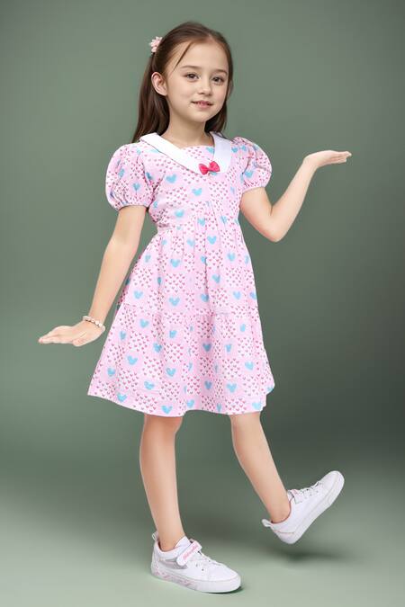 Buy Petite Pomme Pink Cotton Bows Floral Printed Sleeveless Dress Buy_Petite Pomme_Pink Cotton Bows Floral Printed Sleeveless Dress