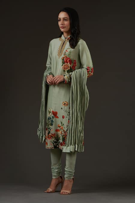 Balance By Rohit Bal_Green Chanderi, Cotton Embroidery Mandarin Collar, Keyhole Printed And Kurta Set _Online_at_Aza_Fashions